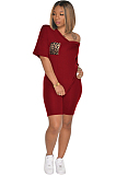 Wine Red Solid Color Front Leopard Graphic Flat Pokect Patched Shirt Top & Shorts Sets 