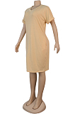 Khaki Solid Color V Neck Roll-up Sleeve Ankle-length Loose Dress k8896