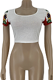 White Graphic Sleeve Spliced Square Neck Crop Shirt Top DN8386