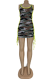 Colored Trim Side Knotted Camo Tank Dress DN8385