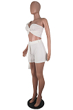 White One Shoulder Layers Crop Top & Self-belted Shorts Sets YY5121