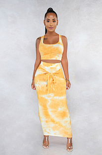 Yellow Marble Tank Top & Front Tied Shift Dress Set FMM1079