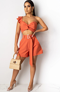 Orange One Shoulder Layers Crop Top & Self-belted Shorts Sets YY5121
