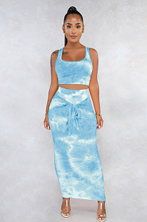 Blue Marble Tank Top & Front Tied Shift Dress Set FMM1079