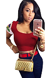 Red Graphic Sleeve Spliced Square Neck Crop Shirt Top DN8386