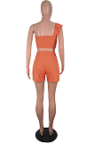 Orange One Shoulder Layers Crop Top & Self-belted Shorts Sets YY5121