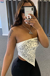 White Scarf Graphic Print Off Shoulder Bandeau Top DN8383