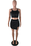 Black Front Button Up Crop Tank Top & Asymmertrical Hem Elastic Mini Skirt Sets LSN709