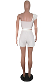White One Shoulder Layers Crop Top & Self-belted Shorts Sets YY5121