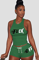 Green Front Words Print Tanks Top &  Shirred Self-tied Shorts Sets LSN742
