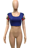 Blue Graphic Sleeve Spliced Square Neck Crop Shirt Top DN8386
