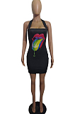 Green Mouth Graphic Front Print Halterneck Mini Dress LSN735