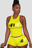 Yellow Front Words Print Tanks Top &  Shirred Self-tied Shorts Sets LSN742