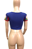Blue Graphic Sleeve Spliced Square Neck Crop Shirt Top DN8386