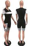 Black Colorblock Shirt Top & Shorts Sets OEP6165