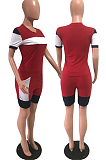 Red Colorblock Shirt Top & Shorts Sets OEP6165