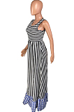 Stripes Spliced Bell-bottom Loose Long Dress W8267