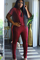 Red Solid Color Side Stripes Front Zip-up Blouse & Skinny Pants Sporty Sets DN8367