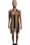 Verticle Rainbow Stripes Halterneck Side-tied Swimwear LSN734