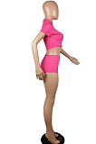 Pink Half Zip-up Crop Top & Elastic Waist Shorts Sets OEP6172