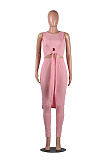 Pink Rib-knit Front Knotted Crop Tank Top & High Waist Skinny Pants Sets FH083
