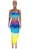 Blue Tied-dye Crop Tanktop & Side Split Skirt Sets LYY9243