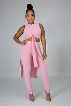 Pink Rib-knit Front Knotted Crop Tank Top & High Waist Skinny Pants Sets FH083