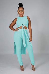 Cyan Rib-knit Front Knotted Crop Tank Top & High Waist Skinny Pants Sets FH083