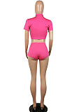 Pink Half Zip-up Crop Top & Elastic Waist Shorts Sets OEP6172