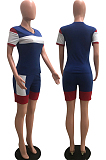 Blue Colorblock Shirt Top & Shorts Sets OEP6165