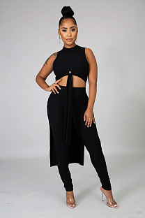 Black Rib-knit Front Knotted Crop Tank Top & High Waist Skinny Pants Sets FH083