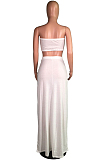 White Shirred Detail Bandeau Top & Elastic Self-tied Ruffles Loose Skirt Sets WY6575