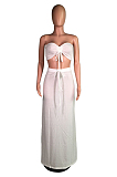 White Shirred Detail Bandeau Top & Elastic Self-tied Ruffles Loose Skirt Sets WY6575