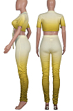 Yellow Grandient Front Kont Crop Top & Hihg Waist Ruffled Bottom Pants Sets Q522