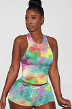 Rainbow Verticle Tied-dye Drawstring Waist Tank Top & Elastic Self-tied Shorts Sets QQM4024
