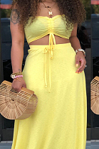 Yellow Shirred Detail Bandeau Top & Elastic Self-tied Ruffles Loose Skirt Sets WY6575