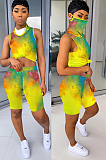 Multicolor Tied-dye Comic Front Print Shirt Crop Top & Shorts Sets QQM4019