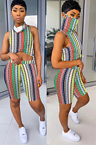 Rainbow Vertical Stripe Tied-dye Comic Front Print Shirt Crop Top & Shorts Sets QQM4019