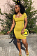 Yellow Solid Boat Neck Short Sleeve Ruched Details Mini Dress