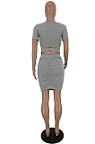 Gray Solid Boat Neck Short Sleeve Ruched Details Mini Dress