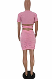 Pink Solid Boat Neck Short Sleeve Ruched Details Mini Dress