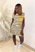 Yellow Stripes Panel Flat Pocket Mini Dress SDD9248
