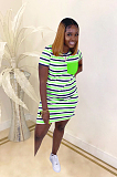 Green Stripes Panel Flat Pocket Mini Dress SDD9248