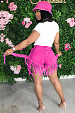 Pink Street Style Denim Tassel Mid Waist Summer Shorts Q561