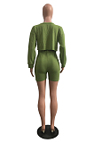 Green Drop Shoulder Crop T shirt Top & Elastic Waist Side Pocket Shorts Sets WY6681