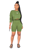 Green Drop Shoulder Crop T shirt Top & Elastic Waist Side Pocket Shorts Sets WY6681