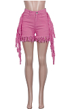 Pink Street Style Denim Tassel Mid Waist Summer Shorts Q561
