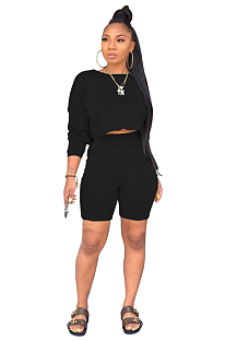 Black Drop Shoulder Crop T shirt Top & Elastic Waist Side Pocket Shorts Sets WY6681