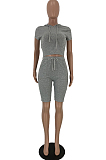 Grey Batwing Sleeve Crop Hoodie & Elatisc Side Pocket Shorts Sets YT3223