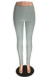 Grey Rib-knit Elastic Waist Bottom Split Skinny Pants Sets LYY9245